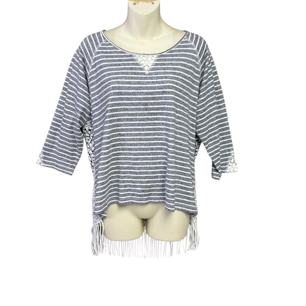 Erin London blue/white fringed Striped Knit Top size large heavyweight